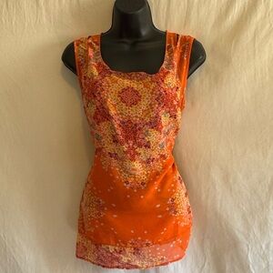 D-57 CAbi Orange Yellow & White Floral Sleeveless Pullover‎ Blouse Size S